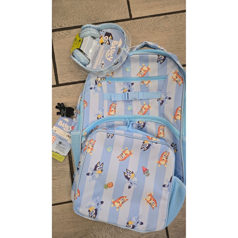 Bluey 4 Piece Backpack Set 17 Inch Lunch Tote Headphones Keychain Blue Striped